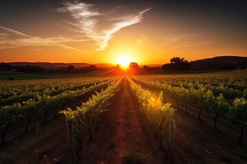 Fototapeta premium impressive view of vineyard at sunset, with the sun setting behind the rows of grapevines, created with generative ai