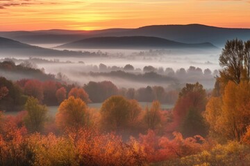 misty sunrise over rolling hills, with vibrant autumn foliage, created with generative ai