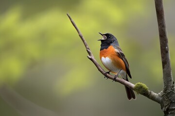 Fototapeta premium male redstart perched on tree branch, singing, created with generative ai