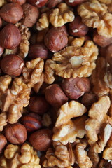 vertical photo of peeled walnuts and hazelnuts in close-up. The concept of healthy eating with natural products