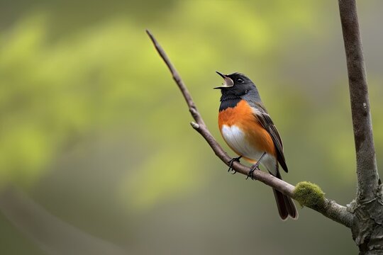 male redstart perched on tree branch, singing, created with generative ai
