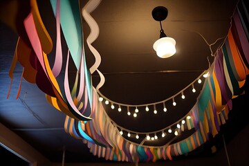 paper streamer hanging from ceiling, with lights and other decorations behind it, created with generative ai