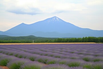 lavender field with mountain range in the background, created with generative ai