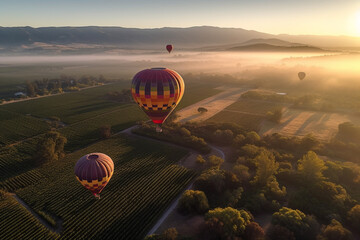 Hot air balloon flying above scenic landscape at sunrise or sunset. Generative AI