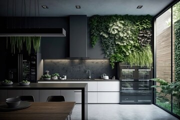 a sleek and modern kitchen with a vertical garden wall, providing greenery and privacy while cooking, created with generative ai