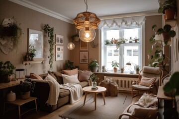 cozy apartment with vintage decor and warm lighting, created with generative ai