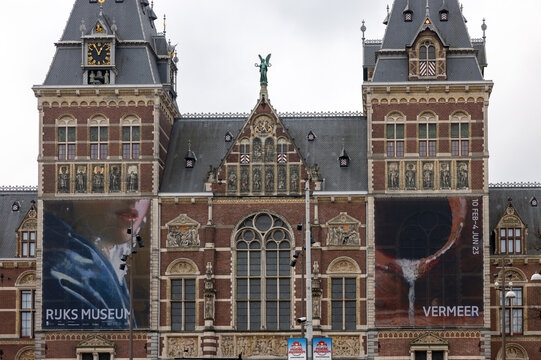 Amsterdam, Netherlands - April 21, 2023: The Rijksmuseum in Amsterdam - the largest exhibition on Dutch painter Johannes Vermeer ever - displaying 28 of his masterpieces