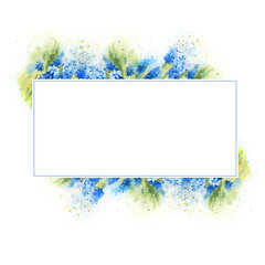 White frame with watercolor spring blue flowers, hand drawn illustration with hyacinths, banner for text on white background