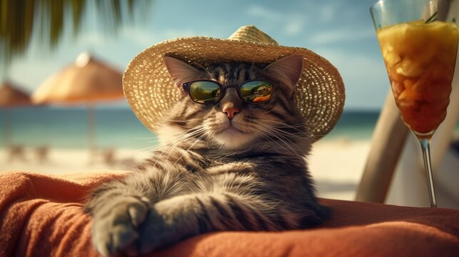 A Cool Cat Wearing A Straw Hat And Glasses Is Relaxing On A Hammock On The Beach With A Refreshing Cocktail By Its Side. AI Generated