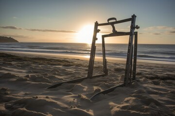 metal detector frame with the sun shining down on a beautiful beach, created with generative ai