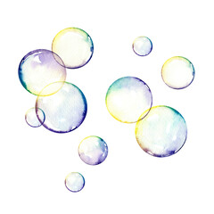 Colorful soap bubbles isolated watercolor illustration. Hand drawn design elements.