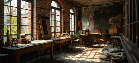 Old European style painters atelier. An artist's atelier, craft room, with brick interior. Canvas, paint brushes, by a window with incoming warm light. Generative AI.
