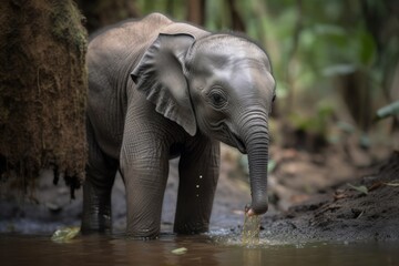 Fototapeta na wymiar newborn elephant drinking its first bottle of milk in the african jungle, created with generative ai