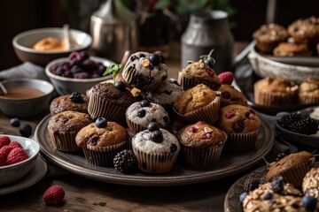 plate of gluten-free and vegan muffins, rolls, and pastries for breakfast or brunch, created with generative ai