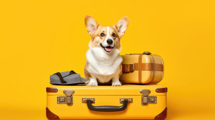 Fototapeta premium A corgi sits on suitcases on a yellow background, getting ready for a journey AI Generated.