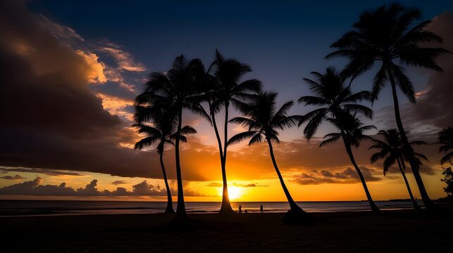 sunset at the beach, palm trees silhouette at sunset