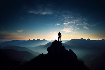 A silhouette of a person standing on a mountaintop representing adventure and exploration