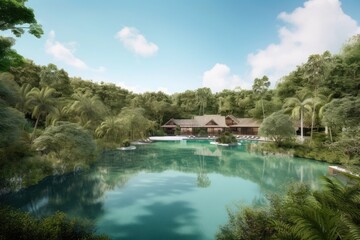 Fototapeta na wymiar luxury resort, surrounded by lush greenery and crystal-clear water, created with generative ai