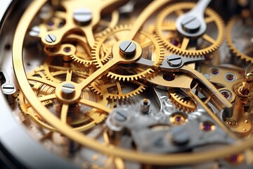 Gears and cogs in clockwork watch mechanism. Craft and precision - elegant detailed stainless steel and metal - Generative AI	