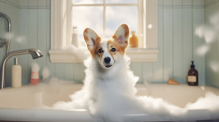 A cute corgi puppy is taking a bath in a bathtub filled with foam care, love, cleanliness, AI Generated.