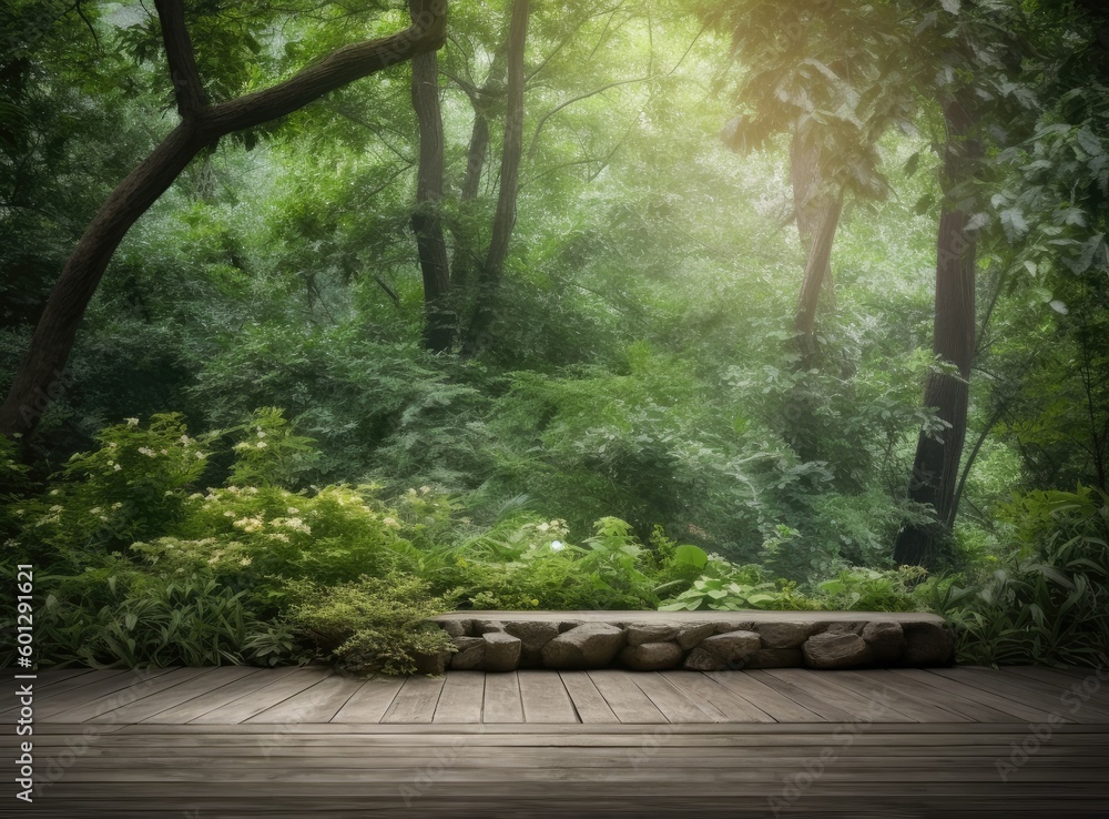 Poster wooden table top with spring green leafs as frame and free space for text created with generative ai