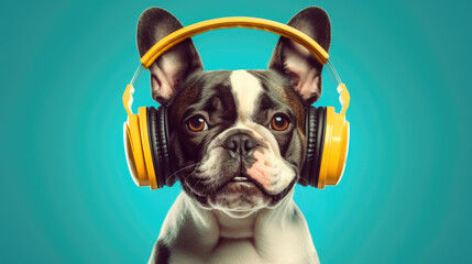 A French bulldog wearing headphones enjoys music on a blue background AI Generated.