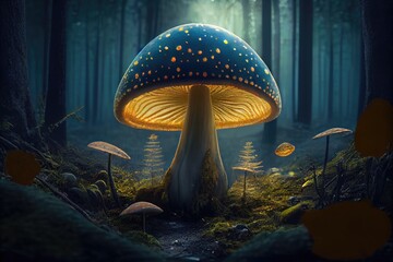 Fototapeta na wymiar magic mushroom growing in the forest, surrounded by trees, created with generative ai