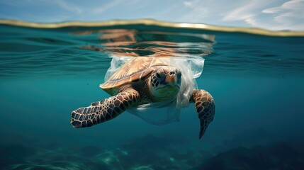 A turtle trapped in a plastic bag in the ocean, representing the devastating effects of plastic pollution on marine life AI Generated. - obrazy, fototapety, plakaty