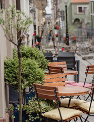 Cozy table in front of a cafe in the old market.