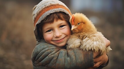A child embraces a chicken in a heartwarming display of affection. AI Generated.