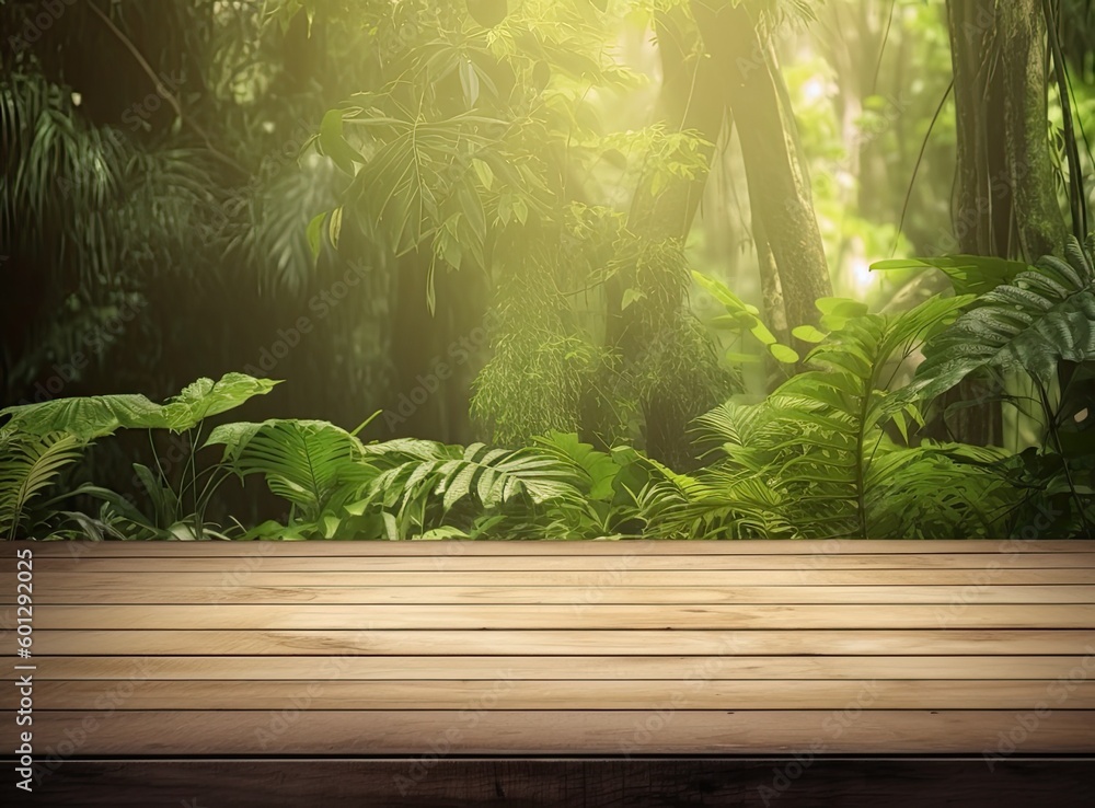Poster wooden table top with spring green leafs as frame and free space for text created with generative ai