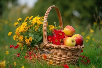 a wicker basket with apples and a flower basket with flowers, generative ai
