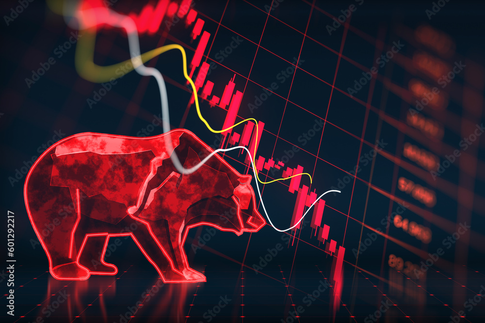 Poster bearish stock market crash and economy crisis concept with digital red arrow and glowing financial c