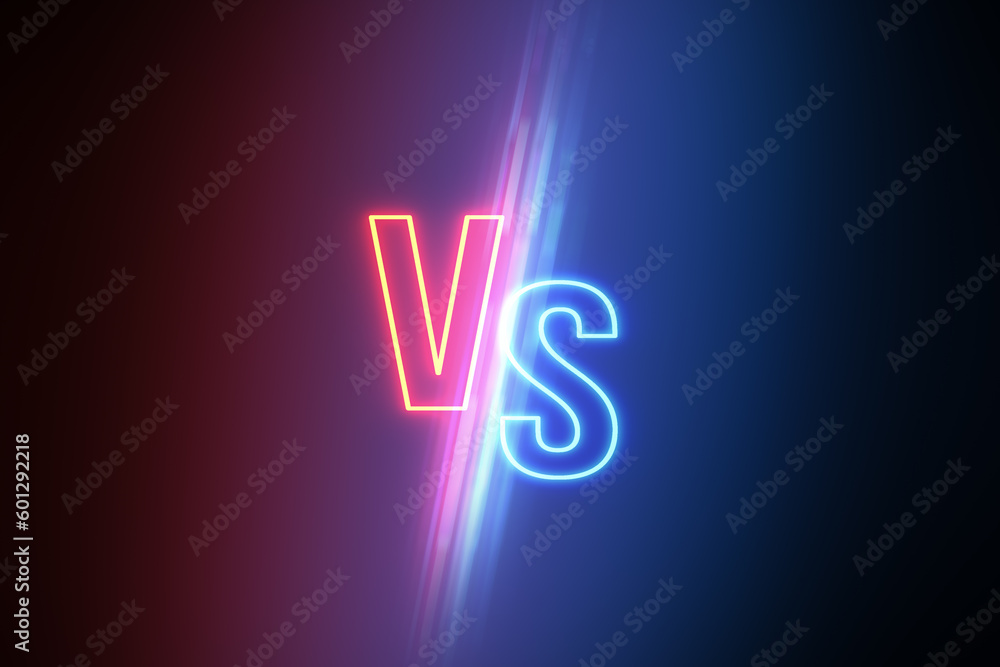 Poster opposites, versus and choice concept with glowing digital red v and blue s letters opposed to each o