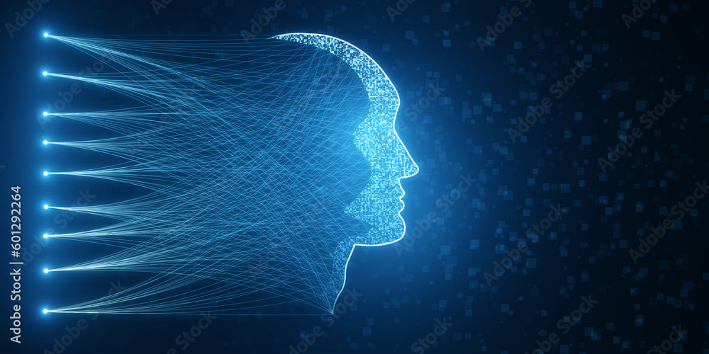 Aufkleber Big data, machine learning and artificial intelligence concept in the form of outline of human face made from neural network flow on dark blue technological background. 3D rendering
