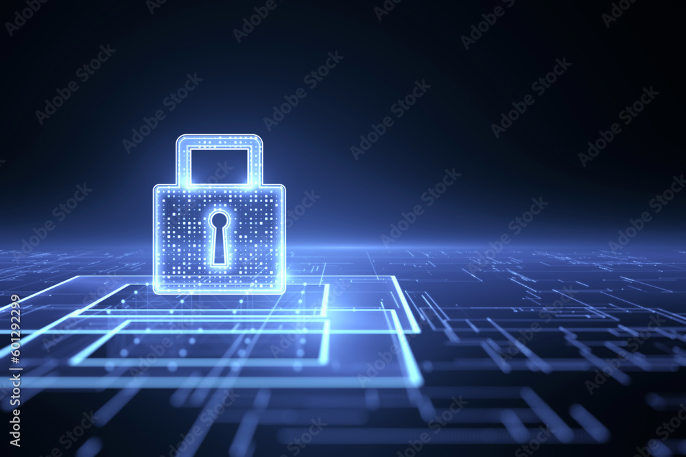 Aufkleber Online internet authorized access and business data security concept with digital blue closed padlock with keyhole inside above virtual multi levels on abstract dark background. 3D rendering