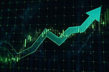 Blockchain, cryptocurrency and online trading concept with glowing growing digital candlestick and big arrow on dark technological background. 3D rendering