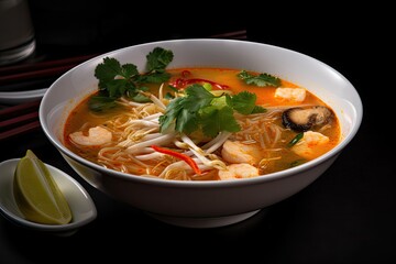 bowl of tom yam soup, ready to be served with a side of rice noodles, created with generative ai