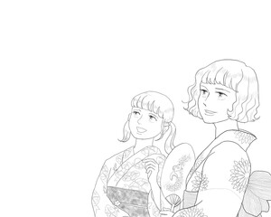 Women in floral-design yukata, black & white drawing