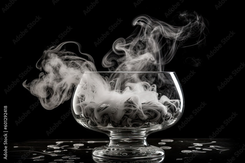 Poster classic science experiment, with smoke and bubbling liquid, in black and white, created with generative ai