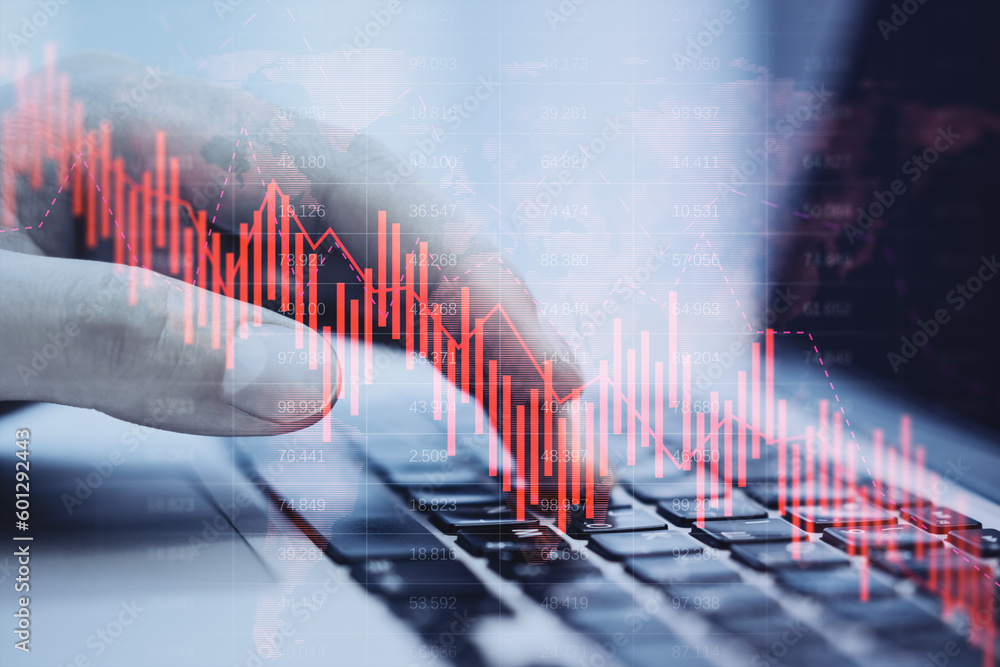 Poster Close up of man hand using laptop keyboard on desktop with falling red business graph grid on blurry background. Crisis, recession and stock market concept. Double exposure.