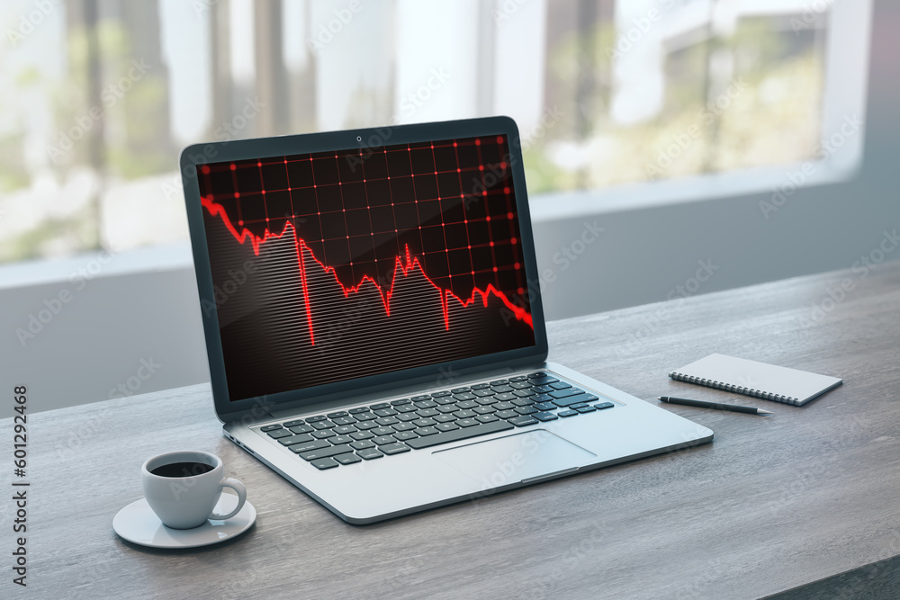 Poster close up of laptop on wooden desktop with coffee cup falling red business graph grid on window with 