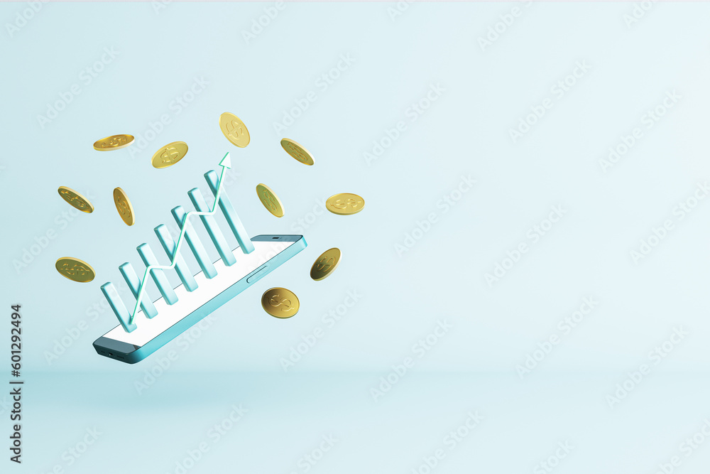 Poster abstract cellphone with creative business chart and dollar coins on light blue background with mock 