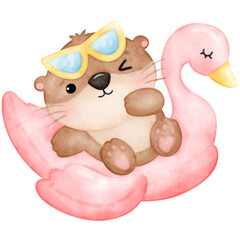 Cute Otter, Summer, Cute Animal, Pool Party, Watercolor, Vector, illustration