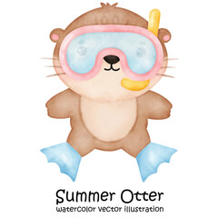 Cute Otter, Summer, Cute Animal, Pool Party, Watercolor, Vector, illustration