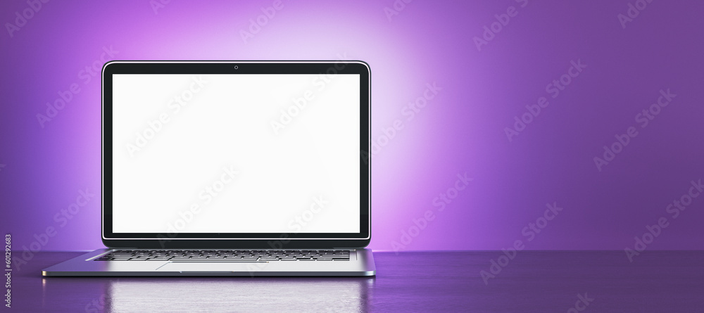 Poster creative purple designer workplace with blank white mock up laptop display. 3d rendering.
