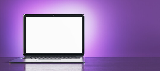 Creative purple designer workplace with blank white mock up laptop display. 3D Rendering.