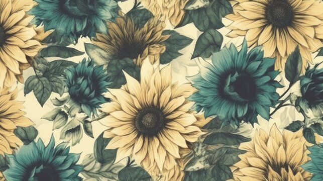vintage flower pattern sun flowers tiled AI generative