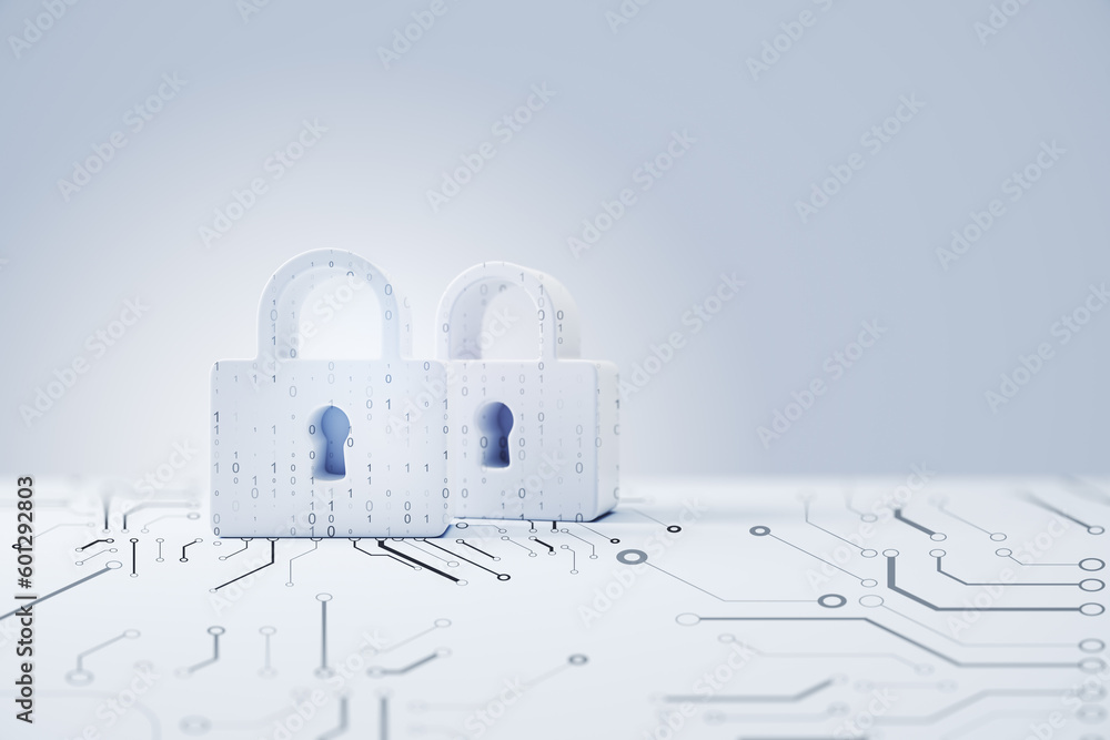 Poster Cyber data, privacy and network protection concept with padlocks binary code printed on circuit surface and abstract light background with place for advertising poster or frame. 3D rendering, mock up