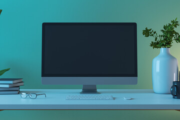 Front view on blank black modern computer monitor with space for web design, website, landing page on light work table with eyeglasses and keyboard on green wall background. 3D rendering, mockup
